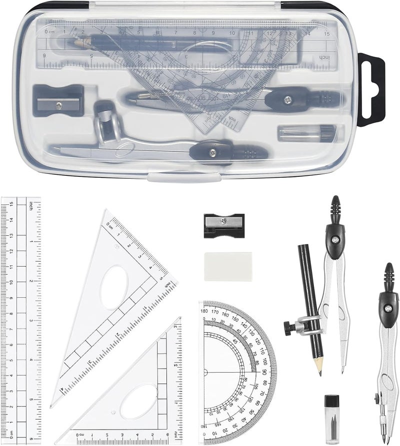 Vobou Math Geometry Kit Sets 10 Piece Student Supplies with Shatterproof Storage Box,Includes Rulers,Protractor,Compass,Eraser,Pencil Sharpener,Lead Refills,Pencil,for Drafting（Black） - Image 2